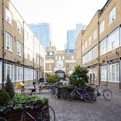 Sundial Court courtyard with planters and bikes